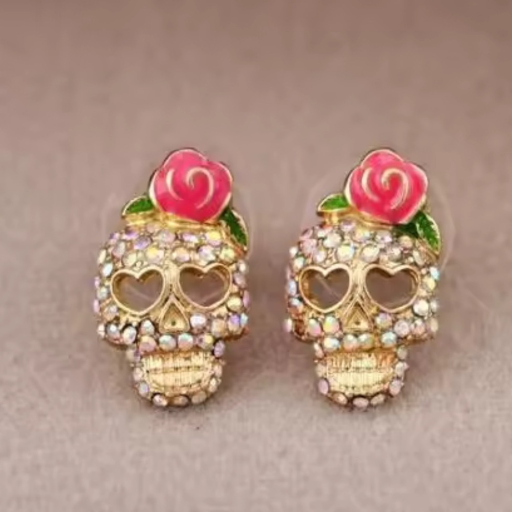 Pink Skull Skeleton Gold Crystal Earrings